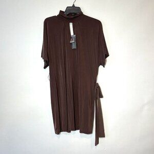 lola & sophie Belted Cupro Mini Dress Womens S Brown Keyhole Short Sleeve NEW